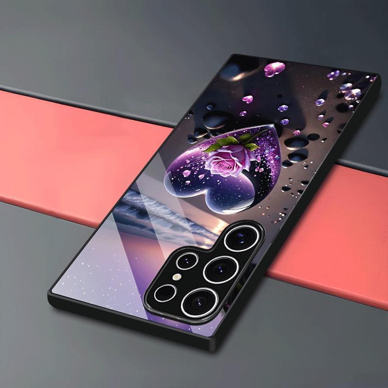 Hjärta Kristall Ros Havsmönster Härdat Glas Svart Telefonfodral För Samsung Galaxy S25 S24 S23 Ultra Plus FE Stötsäkert Skydd