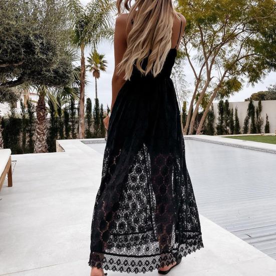 Strandkleid Aushöhlen Spitze Sommer V-Ausschnitt Langes Kleid Shorts Jumpsuit für
