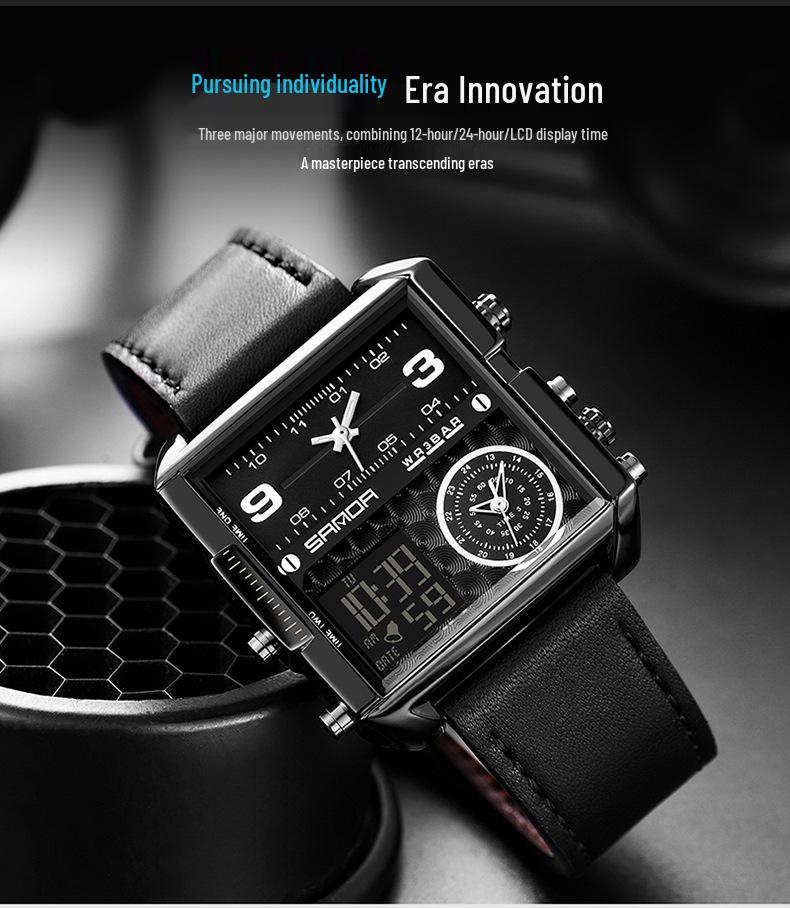 Sanda Multi-Function Three-Movement Men's Square Sports Watch - Waterproof, Luminous, Steel Belt, Electronic.