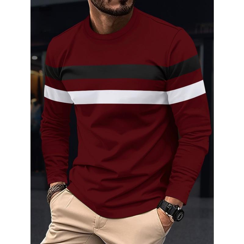 New Spring Autumn stripe Men's Long Sleeve T-shirt Round Neck Bottom Top Color blocked Versatile Fit Comfortable Men's clothing