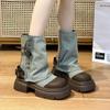 Fashion Fashion Canvas Ankle Boots Women 2024 Autumn Chunky Heel Thick Bottom Platform Boots Breathable Mid-calf Cowboy Boots for Women