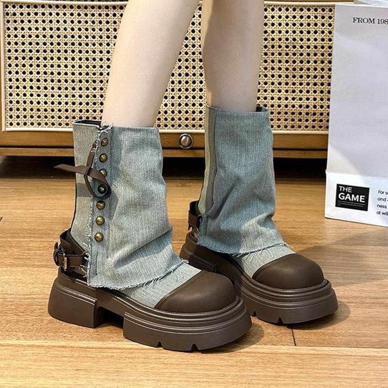 Fashion Fashion Canvas Ankle Boots Women 2024 Autumn Chunky Heel Thick Bottom Platform Boots Breathable Mid-calf Cowboy Boots for Women