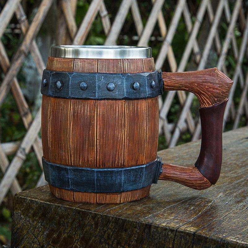 1pc Large Capacity Wooden Barrel Beer Cup Steel Pipe Handle with Handle Industrial Style Mugs Coffee Cups