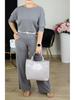 2025 Women's Solid Color Round Neck Long Sleeve Top and Belted Pants 3-Piece Set