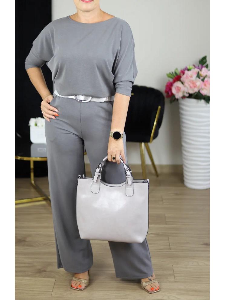 2025 Women's Solid Color Round Neck Long Sleeve Top and Belted Pants 3-Piece Set