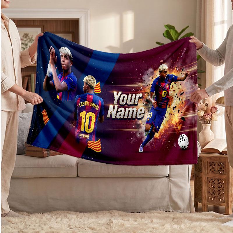 Lamine Yamal Personalized Fleece Blanket With Football Logo, Custom Name Text Soft Warm Home Throw Blanket