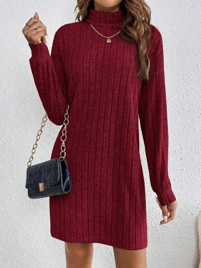 2024 Fall/Winter Women's Casual Solid Color High Neck Long Sleeve Knitted Dress