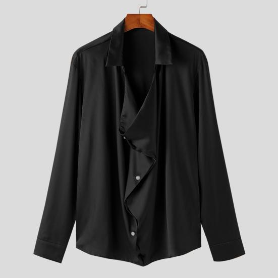 Yousheng Men Party Shirt Baggy Front Design Satin Thin French Style Solid Color Lapel Loose Long Sleeve Club Shirt Single-breasted Daily Top
