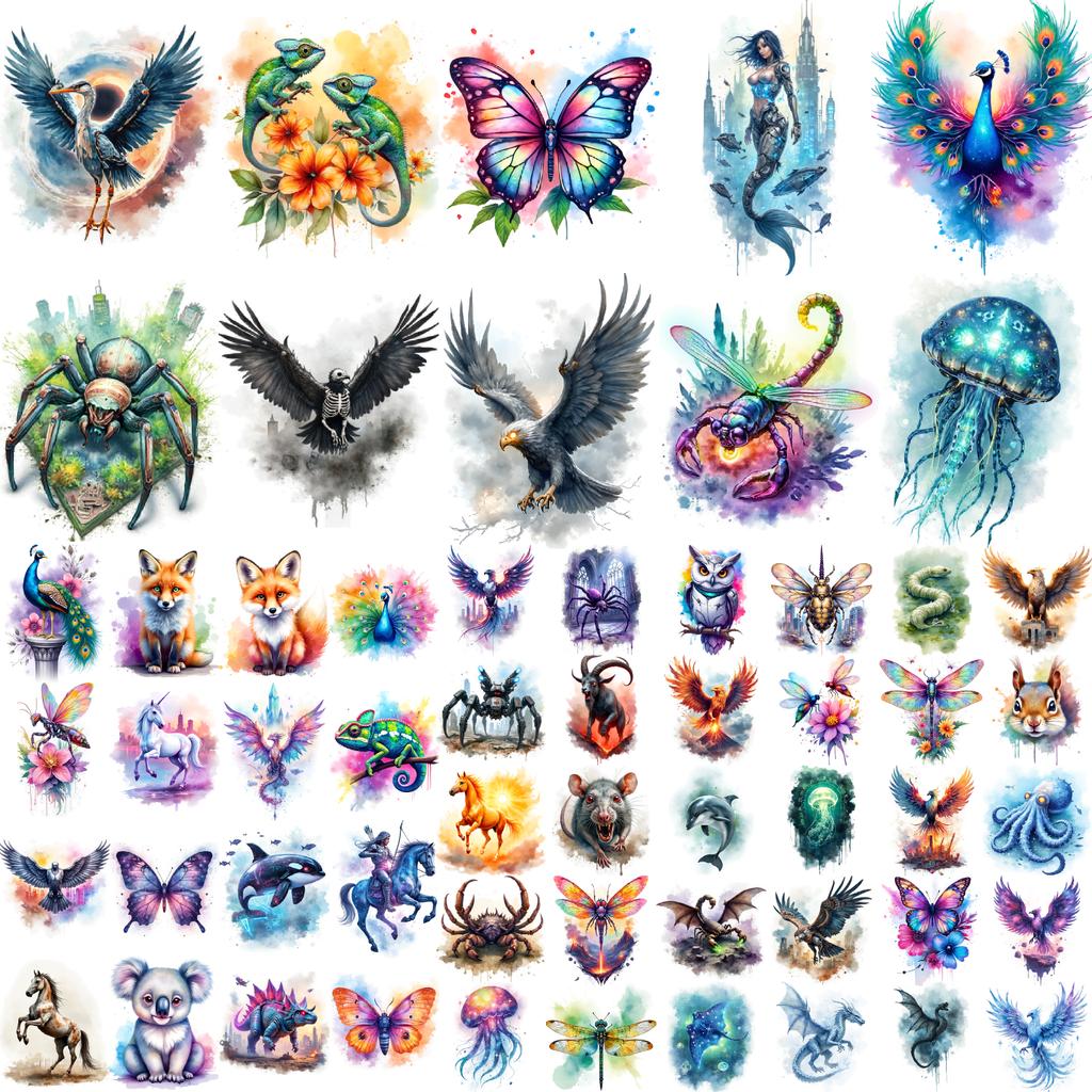 63pcs Colorful Animal Temporary Tattoos Waterproof Arm Legs Tattoos Sticker Tiger Butterfly Wolf Parrot Body Art Fake Tattoos