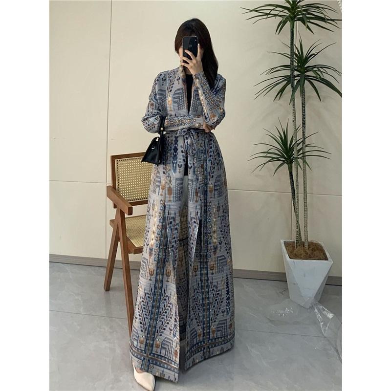 Long Gown Pleated Fall Models Versatile Trench Coat Coat Cape Print Women's Fashion