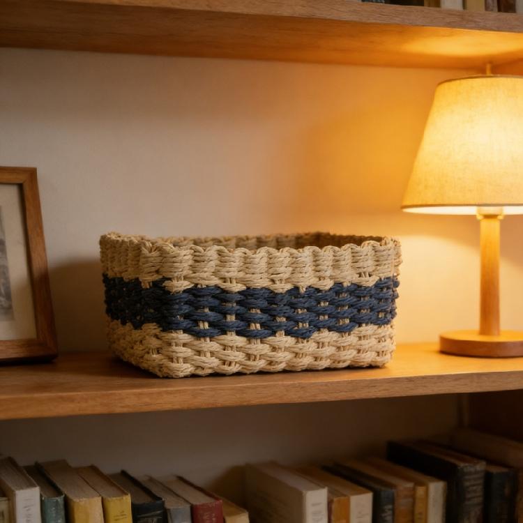 3 Piece Set Color Blocking Woven Storage Baskets Natural Paper Rope Materials Organizers For Closet Dresser Organization