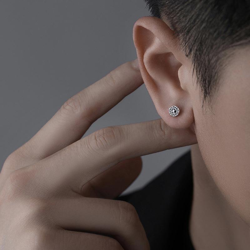 Cross Rudder Screw Stud Earrings Retro Retro Personality Hip Hop Earrings Design Ruffian Handsome Round Pattern Earbone Studs