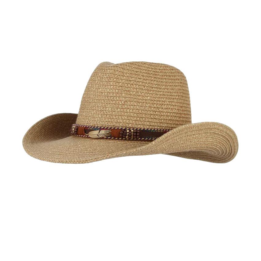 Western Cowboy Sun Hat For Men Cowgirl Summer Hats Straw Sun Protection Beach Hat With Alloy Feather Beads  Panama Cap