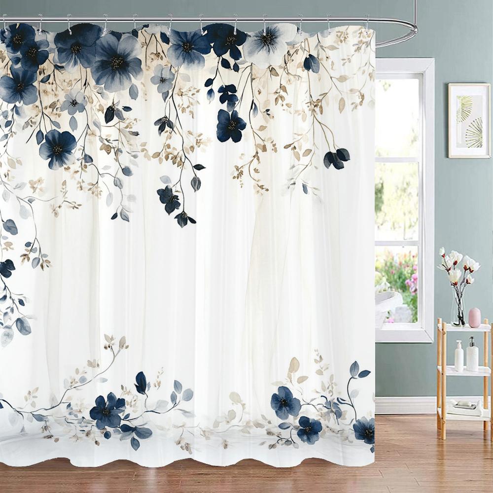 Blauwe Bloemige Douchegordijn, Decoratief Douchegordijn voor de Badkamer, Douchegordijn van Bedrukt Polyester Materiaal met Haken