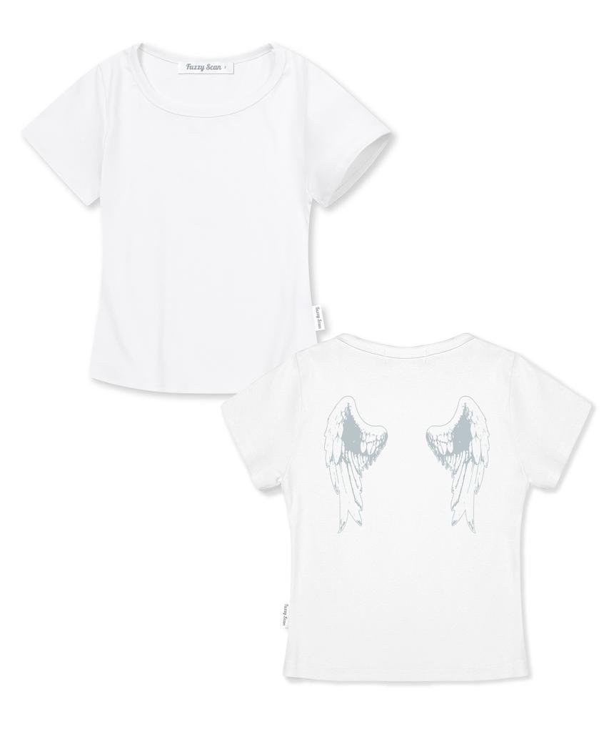 FUZZY SCAN Back Angel Slim Short Sleeve T-Shirt White