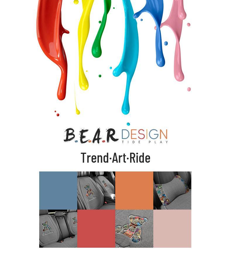 Cartoon Bear Jacquard Linen Car Seat Cushion - Breathable, Universal Fit