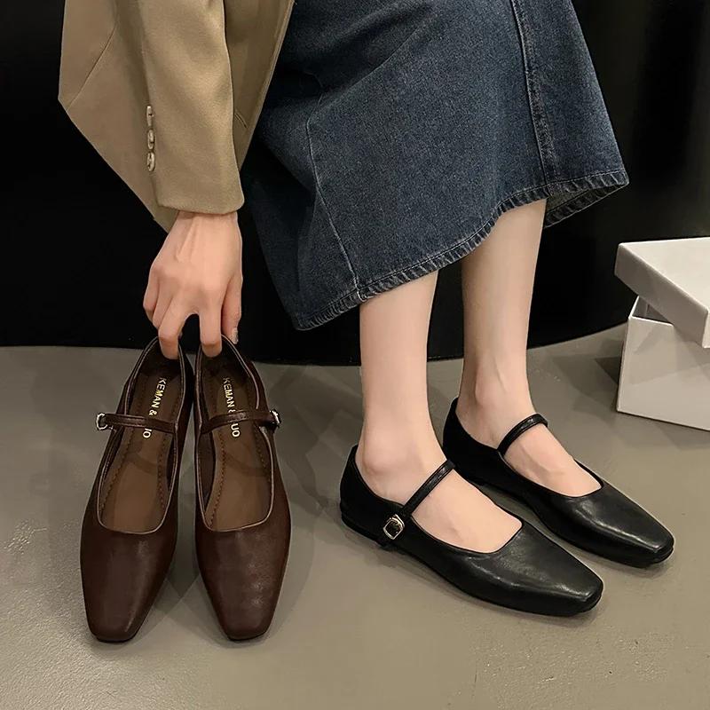 Dámské balerínky ploché boty elegantní retro čtvercová špička Mary Jane jednoduché boty pohodlné měkké mělké střihy nízký podpatek dámské boty