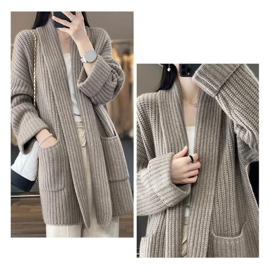 Women Fall Winter Cardigan Sweater Open Stitch Knitted Pockets Lapel Loose Thick Warm Soft Elastic Long Sleeve Plus Size Mid Length Lady Coat Jacket