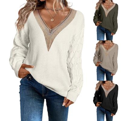 Autumn Winter Lace V-neck Knit Sweater Women's Drop Shoulder Pullover Luxurious Relaxed-fit Slimming Versatile Casual Top
