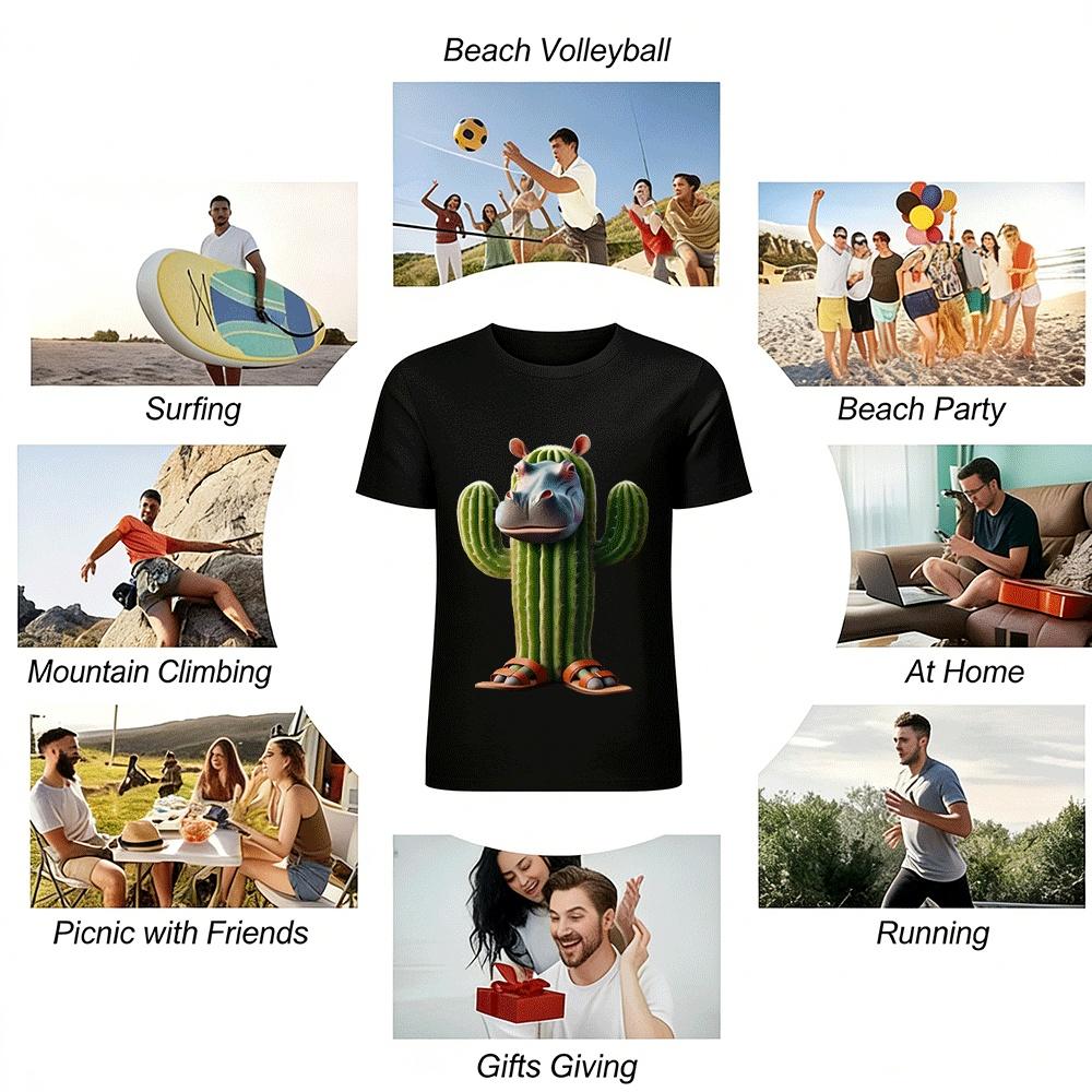 Hippo Cactus Creative Print Casual Short Sleeve T-Shirt Pure cotton T-shirt
