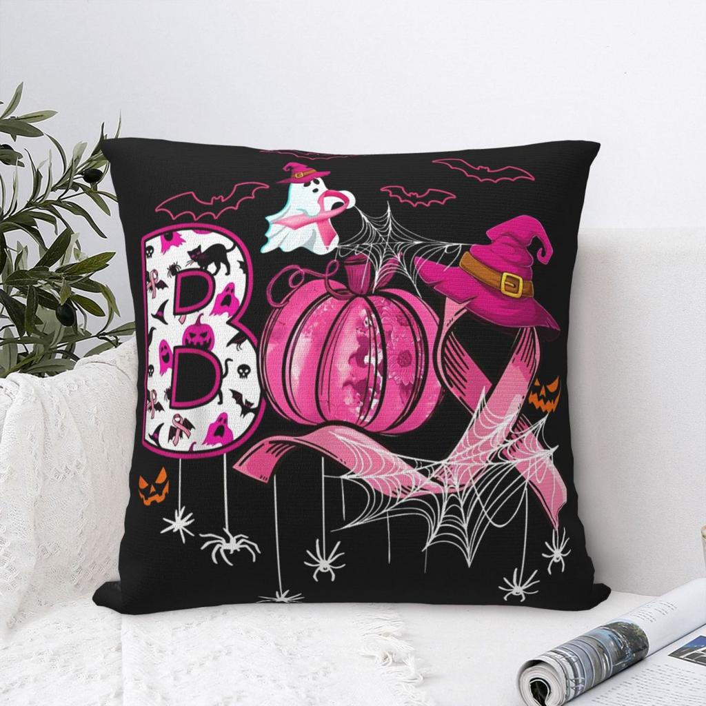 Boo Halloween Pumpkin Pink Ribbon Witch Breast Cancer Pillowcase Cushion Cover Decorations Throw Pillow Case Cover Sofa
