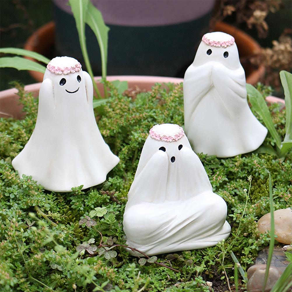 Funny Ghost Figurine Set Halloween Garden Decor Cute Mini Resin Ghost Statue Ornaments Gardening/Reading/See No Evil Unique Gift