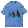 Baumwolle Gewaschenes Denim T-Shirt Damen Hawaii Sommer Katzen Print T-Shirts Lässig Weich Kurzarm Kleidung Vintage