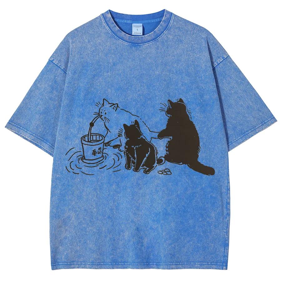 Baumwolle Gewaschenes Denim T-Shirt Damen Hawaii Sommer Katzen Print T-Shirts Lässig Weich Kurzarm Kleidung Vintage
