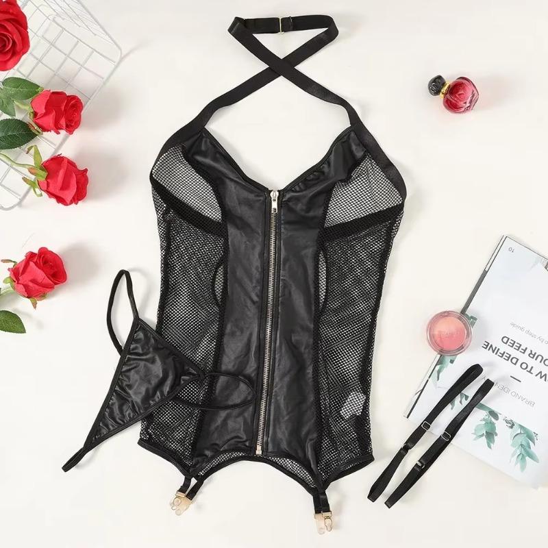 Hot Hot Lingerie Sexy Zipper Corset Tops With Thongs Women Mesh Leather Nightwear Exotic Set Halter Erotic Pajamas Tight Dress