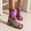 Schachbrettmuster Eckige Zehenpartie Blockabsatz High-Top Damenstiefel Karomuster Catwalk-Schuhe Reißverschluss Plüschfutter Winter Kurzstiefel