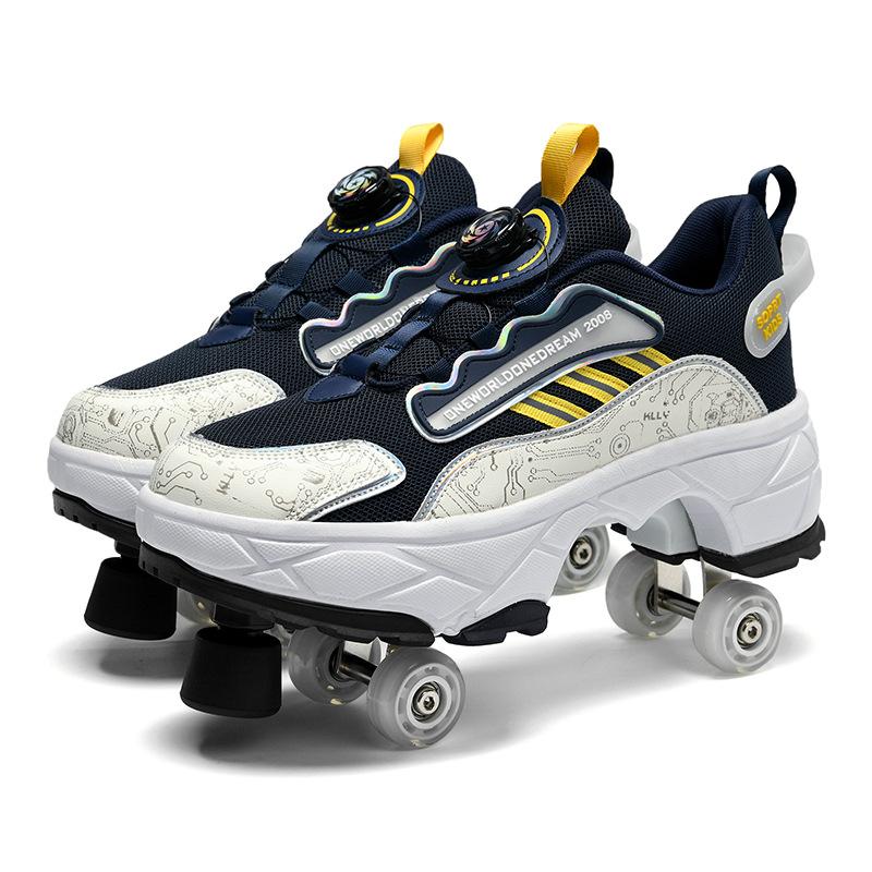 Double-Row Deform Wheel Automatic Walking Shoes Invisible Deformation Roller Skate 2 In 1 Removable Pulley Skate Skating Parkour
