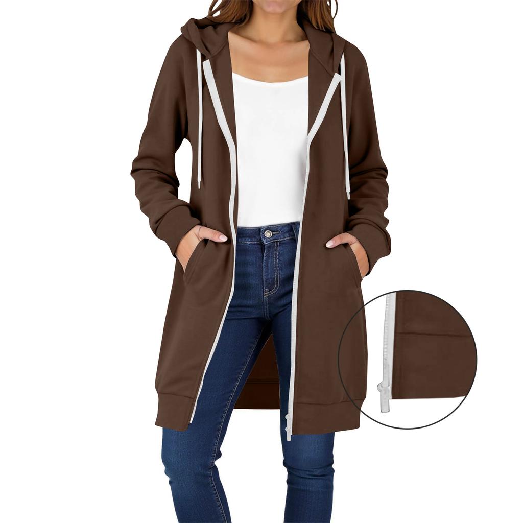Damskie bluzy z kapturem zapinane na zamek, z długim rękawem, długie tuniki, bluzy dresowe, oversize, polarowe, casualowe, jesienne kurtki, płaszcze z kieszenią