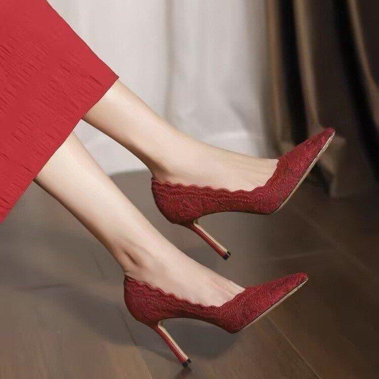 White High Heels Wedding Shoes Spring Pointed Toe Thin Heel Embroidered Lace Xiuhe Wedding Dress Bridal Shoes