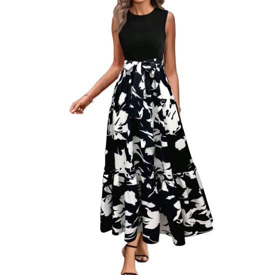 Women Summer Dress Round Neck Short Sleeve Printing Splicing Design Midi Dress Flowy Hem Beach Party Dress