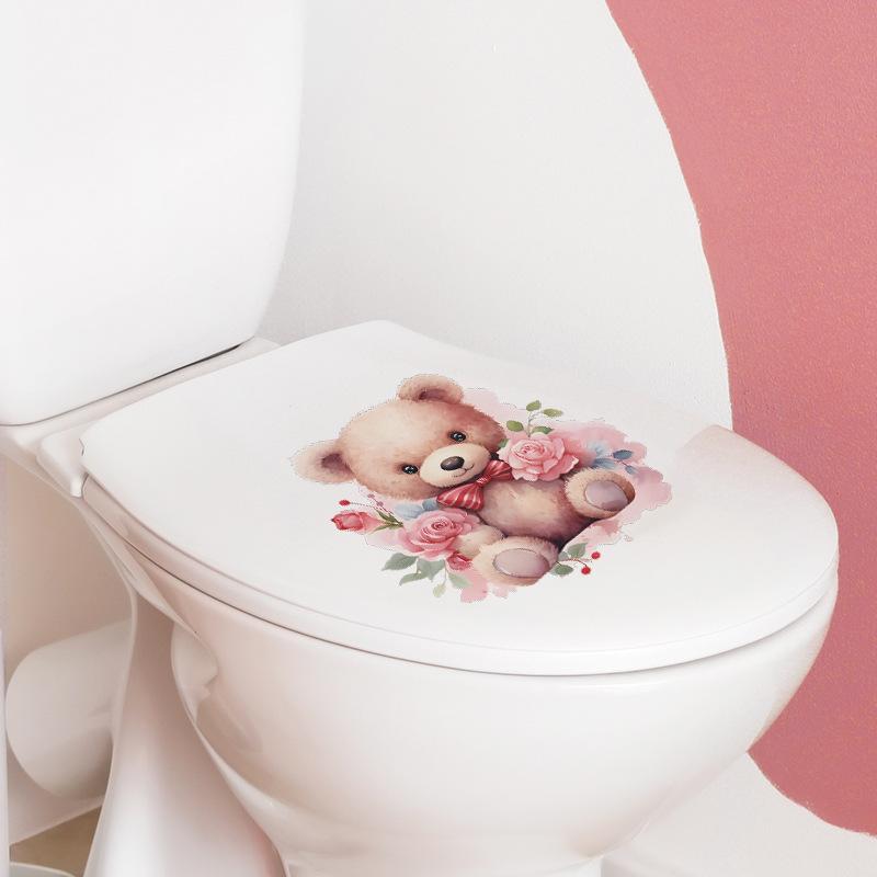 Cartoon Cute Bear with Roses Toilet Seat Sticker Bathroom Decor Removable Waterproof Wall Decal