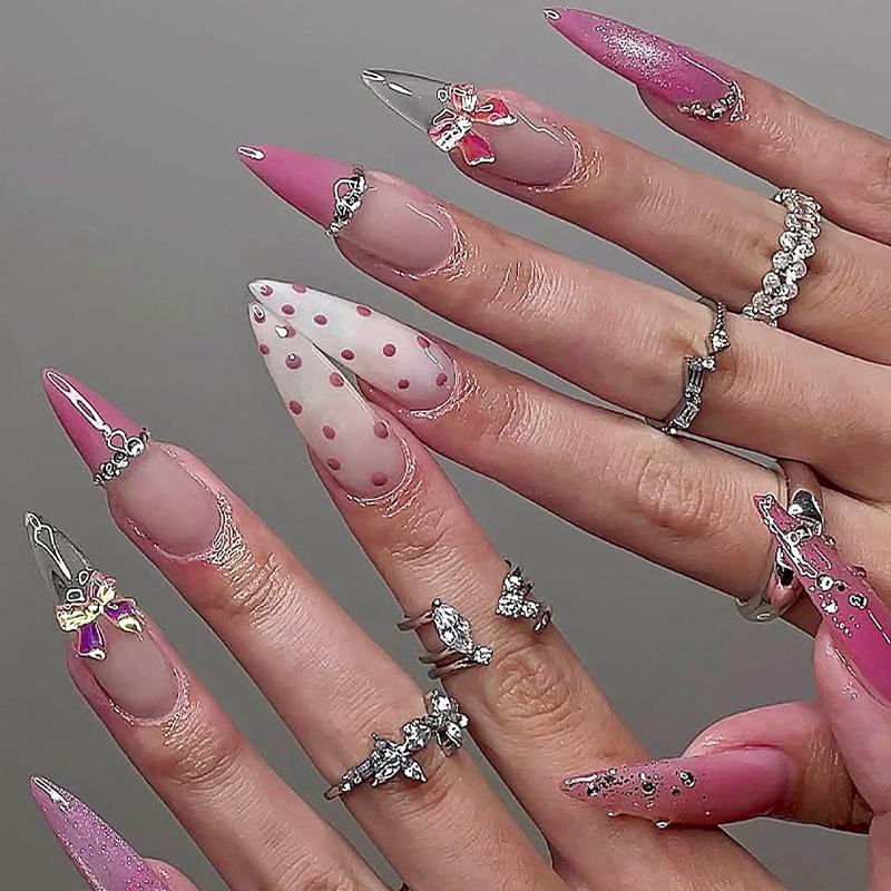 24Pcs Wine Red French Stiletto Press On Nails With 3D Bow Cherry Pearl Decor Detachable Fake Nail Tips