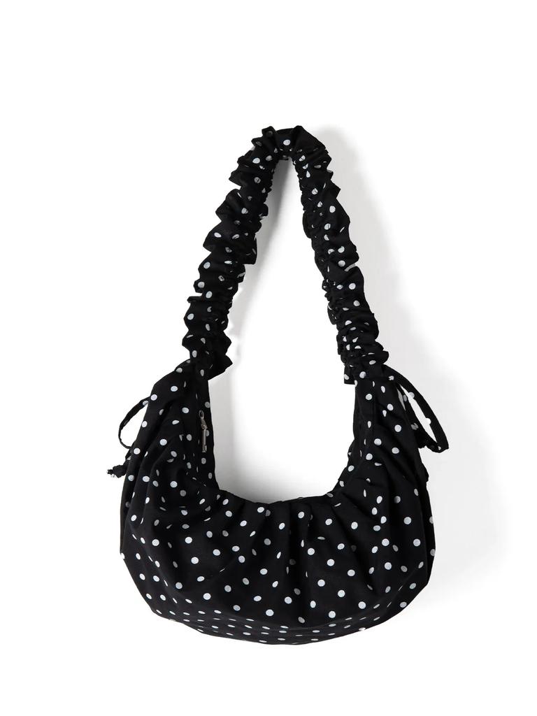 Polka Dot Nylon Ruched Hobo Bag Ruffled Trim With Drawstring Closure Women Lightweight Versatile Crossbody & Shoulder Handbag