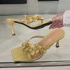Designer Yellow Silk Flowers Narrow Band Square Toe Mules Low Thin Heels Slippers Women Gladiator Sandals Summer Shoes