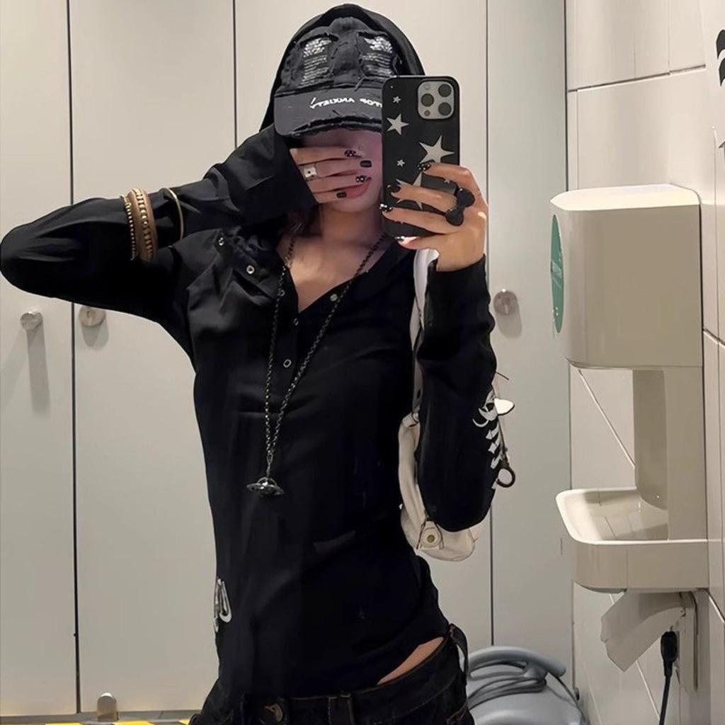 2KWEIRD Hooded Print Letter Graphic T Shirts Woman Clothes Youthful Long Sleeve 2000s Clothes Y2k Tees Female Clothing Autumn