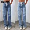 GMXIA Straight Leg Jeans Women's Casual Lace-up Multi-bag Functional Overalls