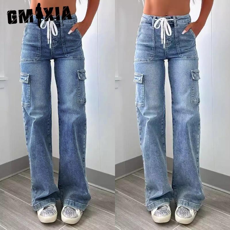 GMXIA Straight Leg Jeans Women's Casual Lace-up Multi-bag Functional Overalls