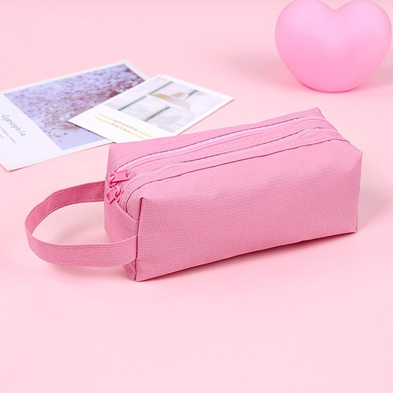 Double Layer Zippers Pencil Case Stationery Storage Bag Large Capacity Solid Color Pencil Pouch School Supplies