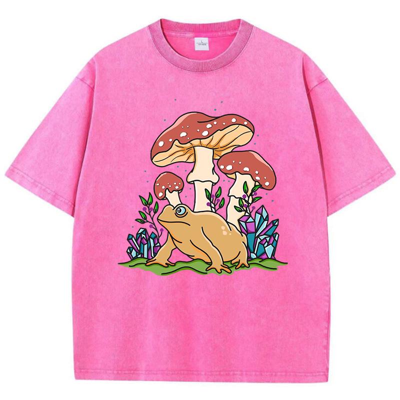 Ästhetisches Pilz Kröte Bedrucktes Gewaschenes T-Shirt Damen Rundhals Baumwoll T-Shirt Oversized Y2K Kleidung Vintage Sommer