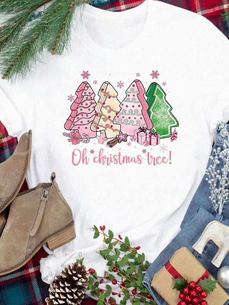 (Asian Size) New Year festival Women Print Holiday Tee Top Merry Christmas letter style cute Casual Lady Short Sleeve Fashion Graphic T-shirts