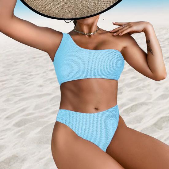 2 szt./zestaw Letni strój kąpielowy Jedno ramię Jednokolorowy Obcisły Bez rękawów Wyściełany Kąpiel Bezprzewodowy Wysoki Stan Damski Zestaw Bikini Ubrania Do Sportów Wodnych
