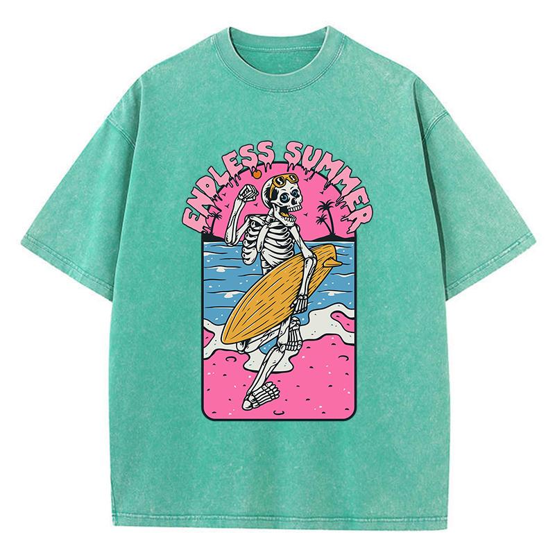 Fashion Women Cotton Washed T-Shirt Endless Summer Skull Surfing Printing Short Sleeve Casual Loose Tee Shirt Vintage Clothes