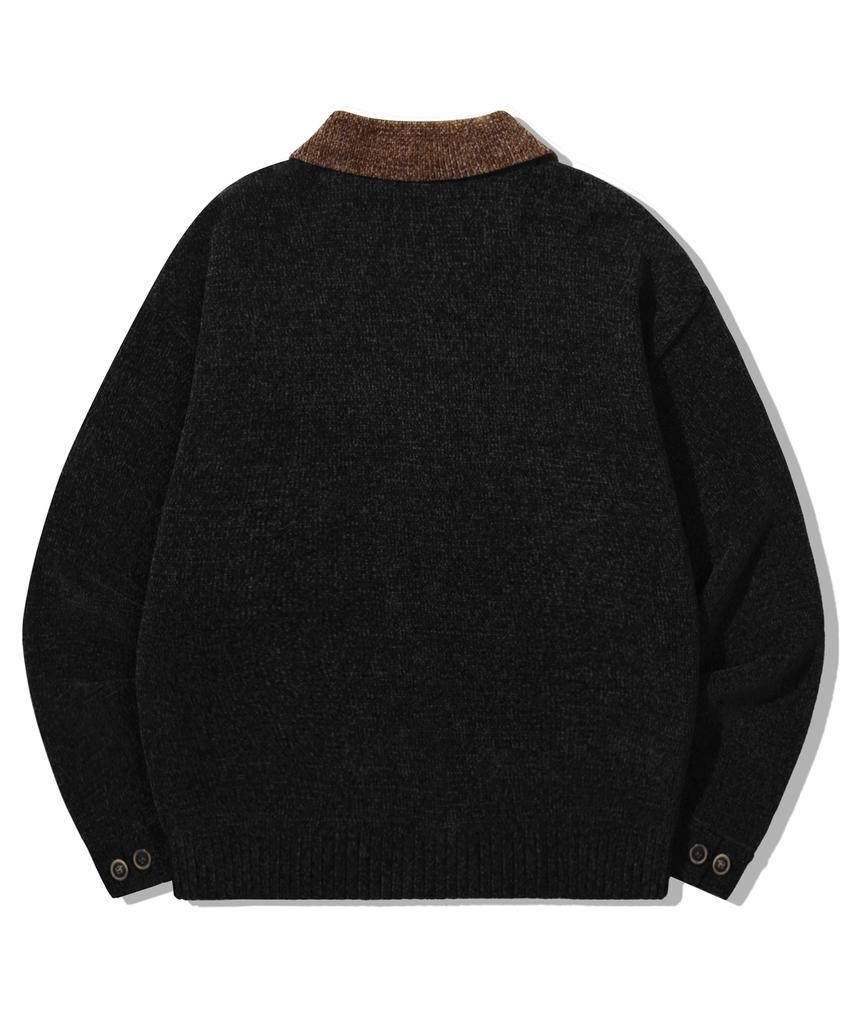 TRILLION Leather Patchwork Velvet Cardigan Knit_Black
