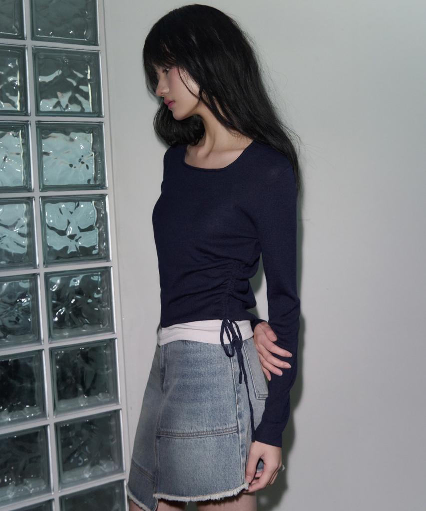 Ledeoli Square Neck Shirred Wool Knit Top [Melange]
