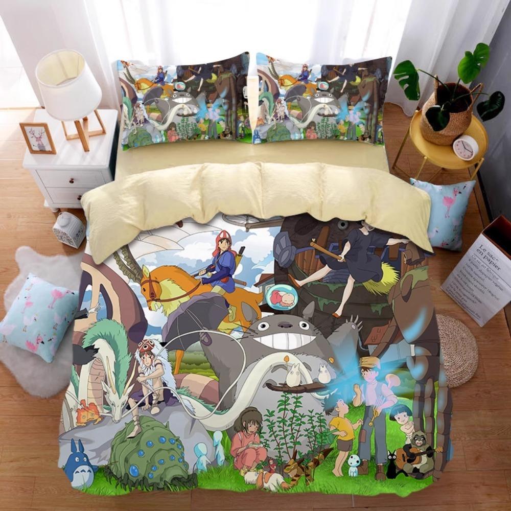 Comic Hayao Miyazaki,Microfibre Bedding Sets, Children's Bed Linen with Zip Room Decor Duvet Cover for Teenagers Adult 3-Piece