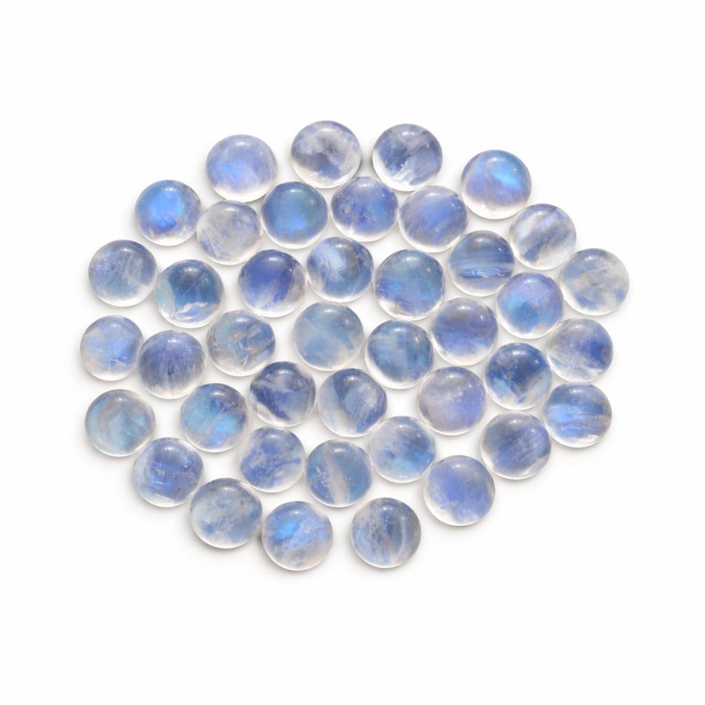 Cabujón Redondo de Piedra Lunar Arcoíris Natural – Piedra Preciosa Calibrada de 5x5 mm con Parte Trasera Plana Lisa para Fabricación de Joyería